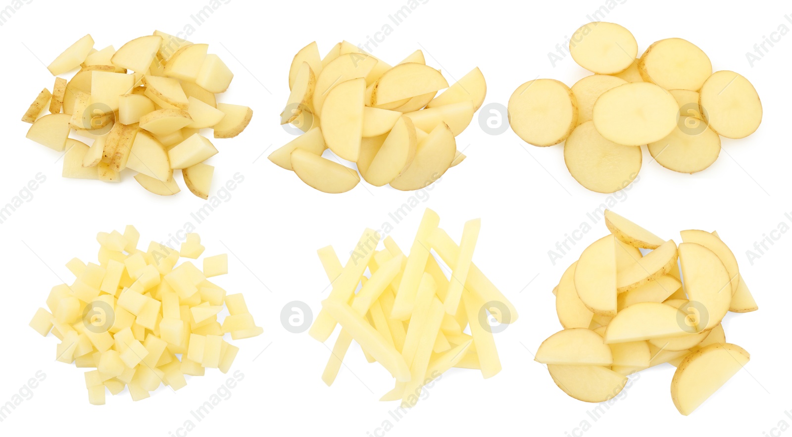 Image of Potatoes sliced in different ways isolated on white, set