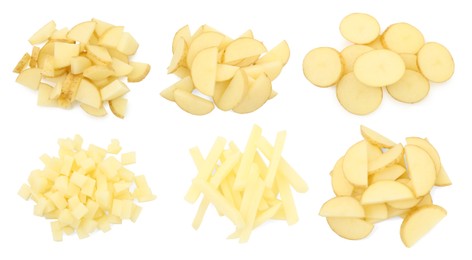 Image of Potatoes sliced in different ways isolated on white, set