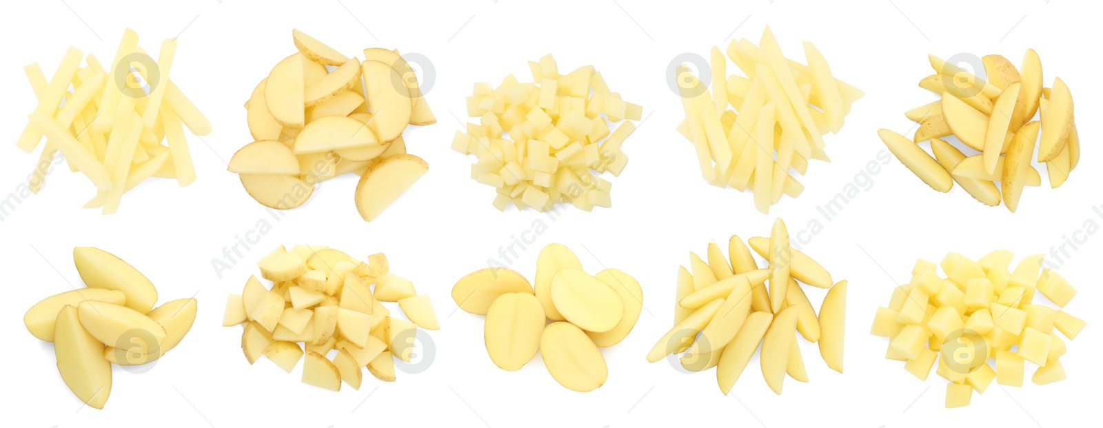 Image of Potatoes sliced in different ways isolated on white, set