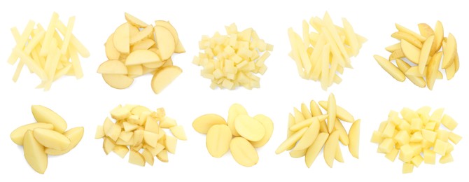 Image of Potatoes sliced in different ways isolated on white, set