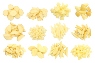 Image of Potatoes sliced in different ways isolated on white, set