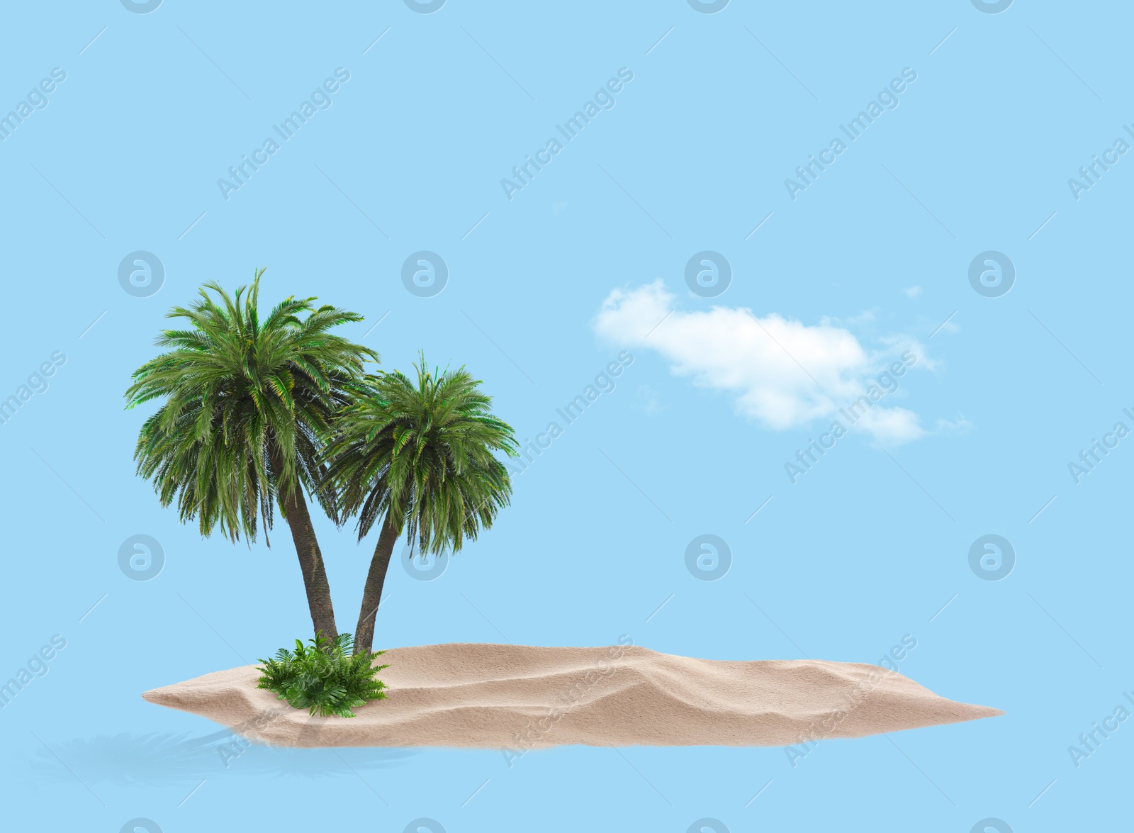 Image of Tropical island. Cloud floating over sand and palm trees. Light blue background as sky and sea