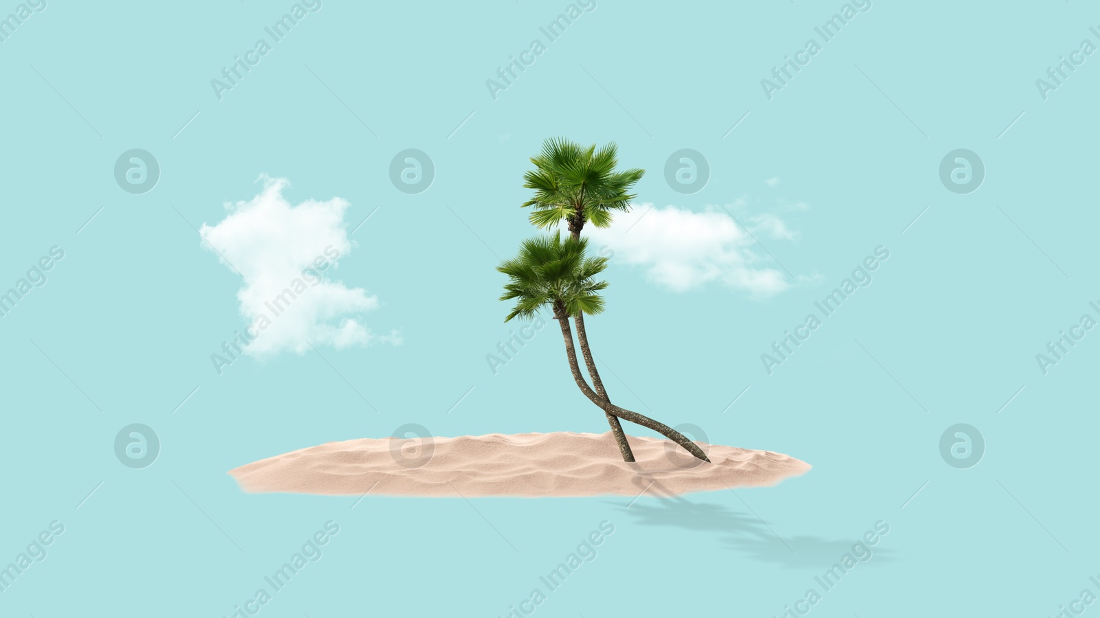 Image of Tropical island. Clouds floating over sand and palm trees. Turquoise background as sky and sea