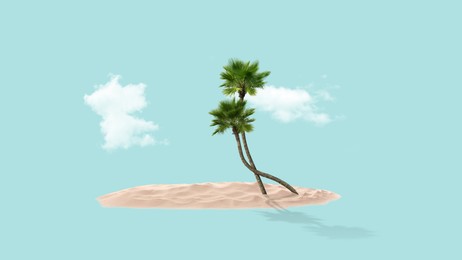 Image of Tropical island. Clouds floating over sand and palm trees. Turquoise background as sky and sea