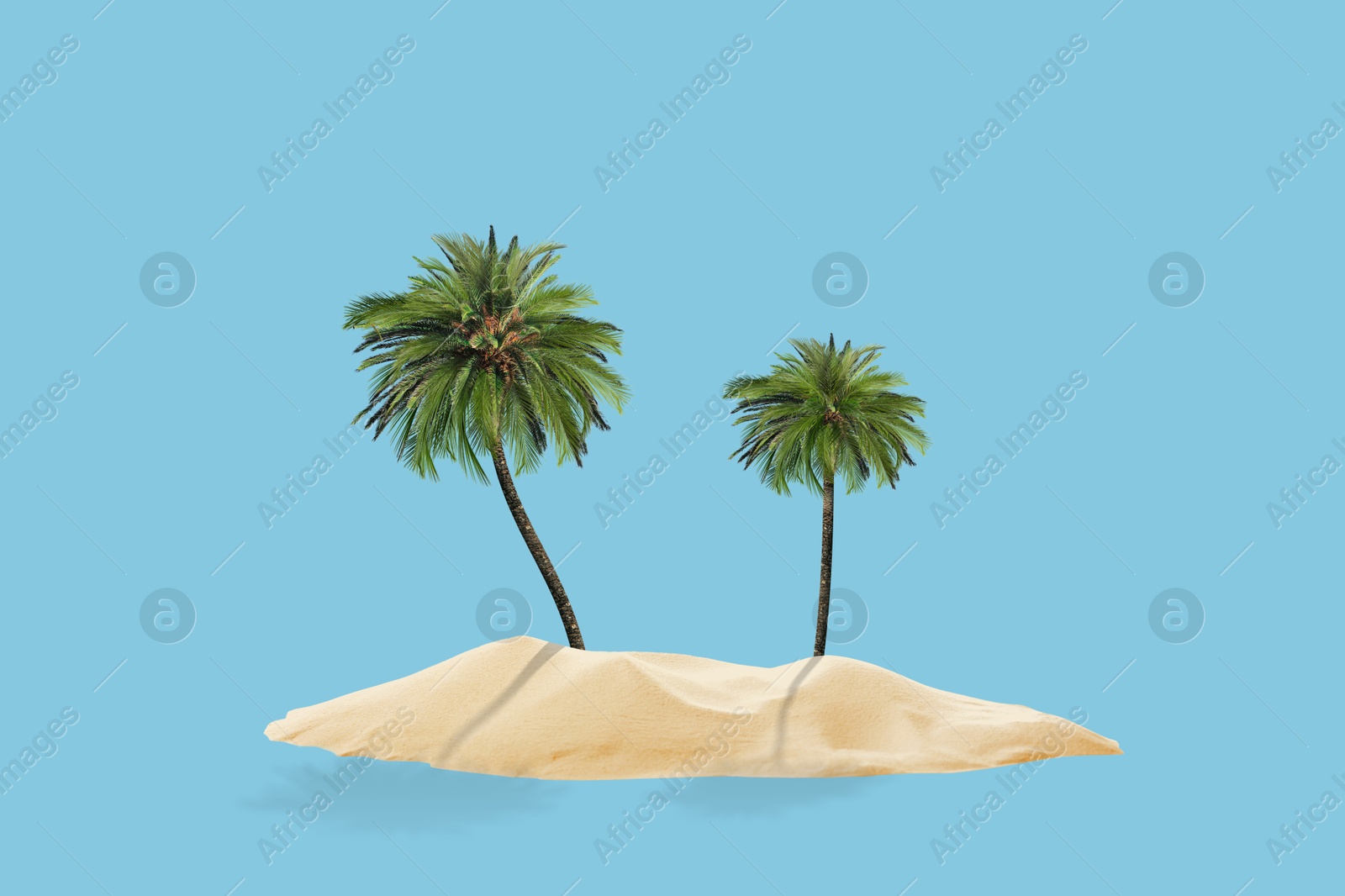 Image of Palm trees and sand like tropical island among light blue background symbolizing sky and sea