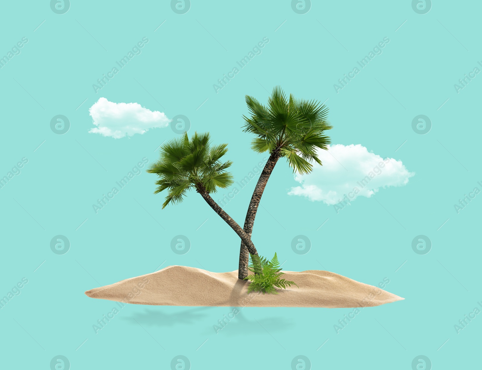 Image of Tropical island. Clouds floating over sand and palm trees. Turquoise background as sky and sea