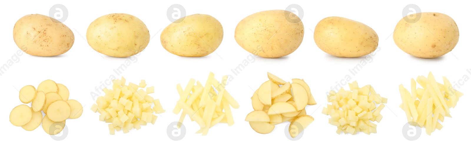 Image of Fresh potatoes isolated on white, set. Sliced in different ways and whole