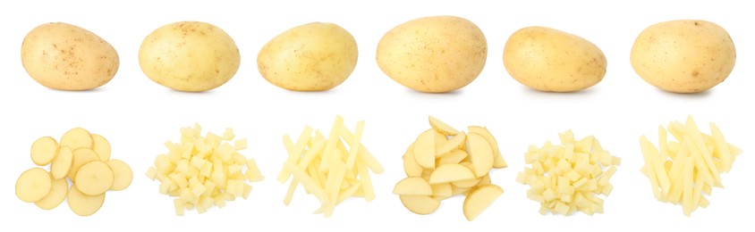 Image of Fresh potatoes isolated on white, set. Sliced in different ways and whole