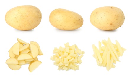 Fresh potatoes isolated on white, set. Sliced in different ways and whole