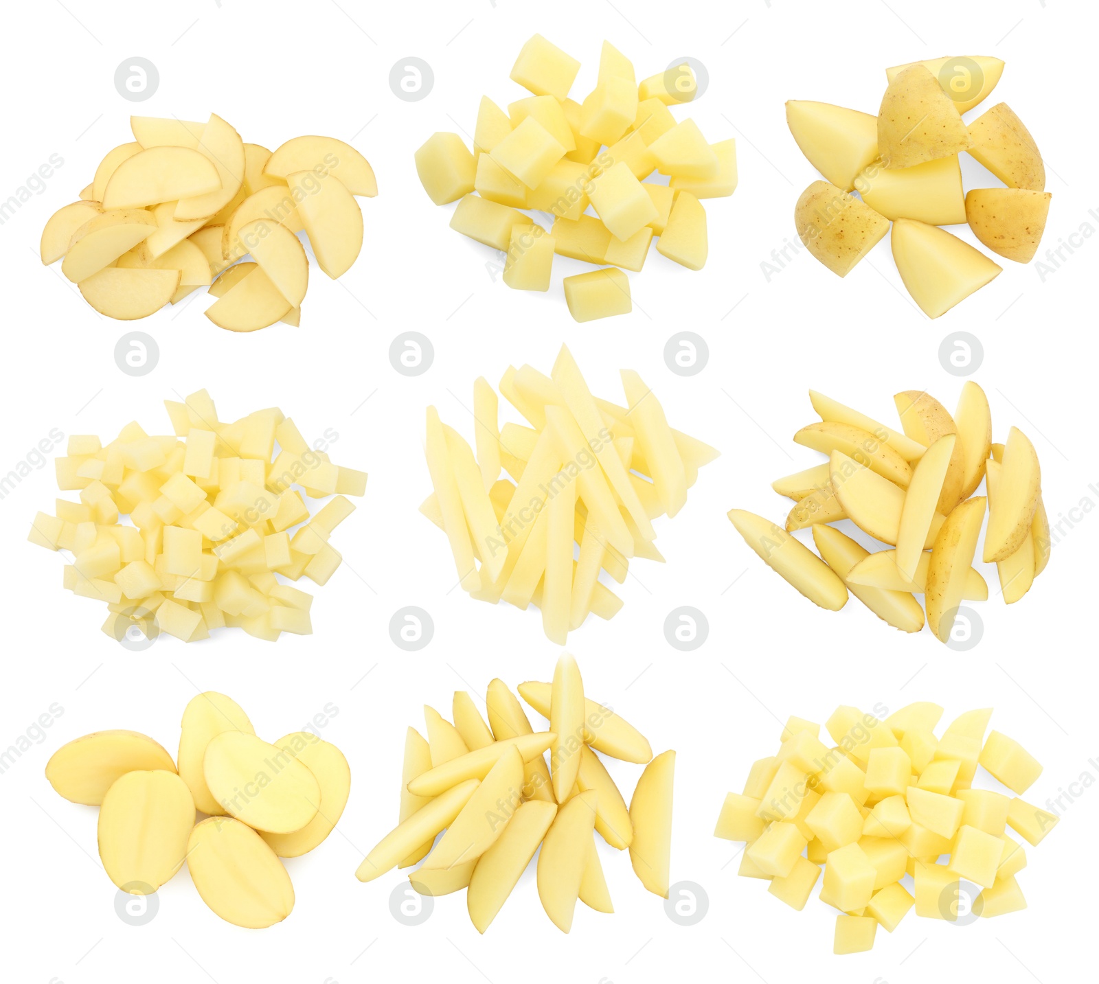 Image of Potatoes sliced in different ways isolated on white, set