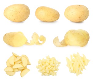 Image of Fresh potatoes isolated on white, set. Sliced in different ways and whole