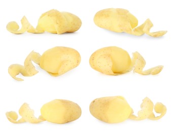 Image of Many whole potatoes with peels isolated on white, set