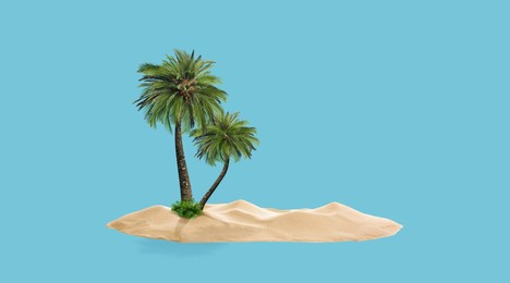 Image of Palm trees and sand like tropical island among light blue background symbolizing sky and sea