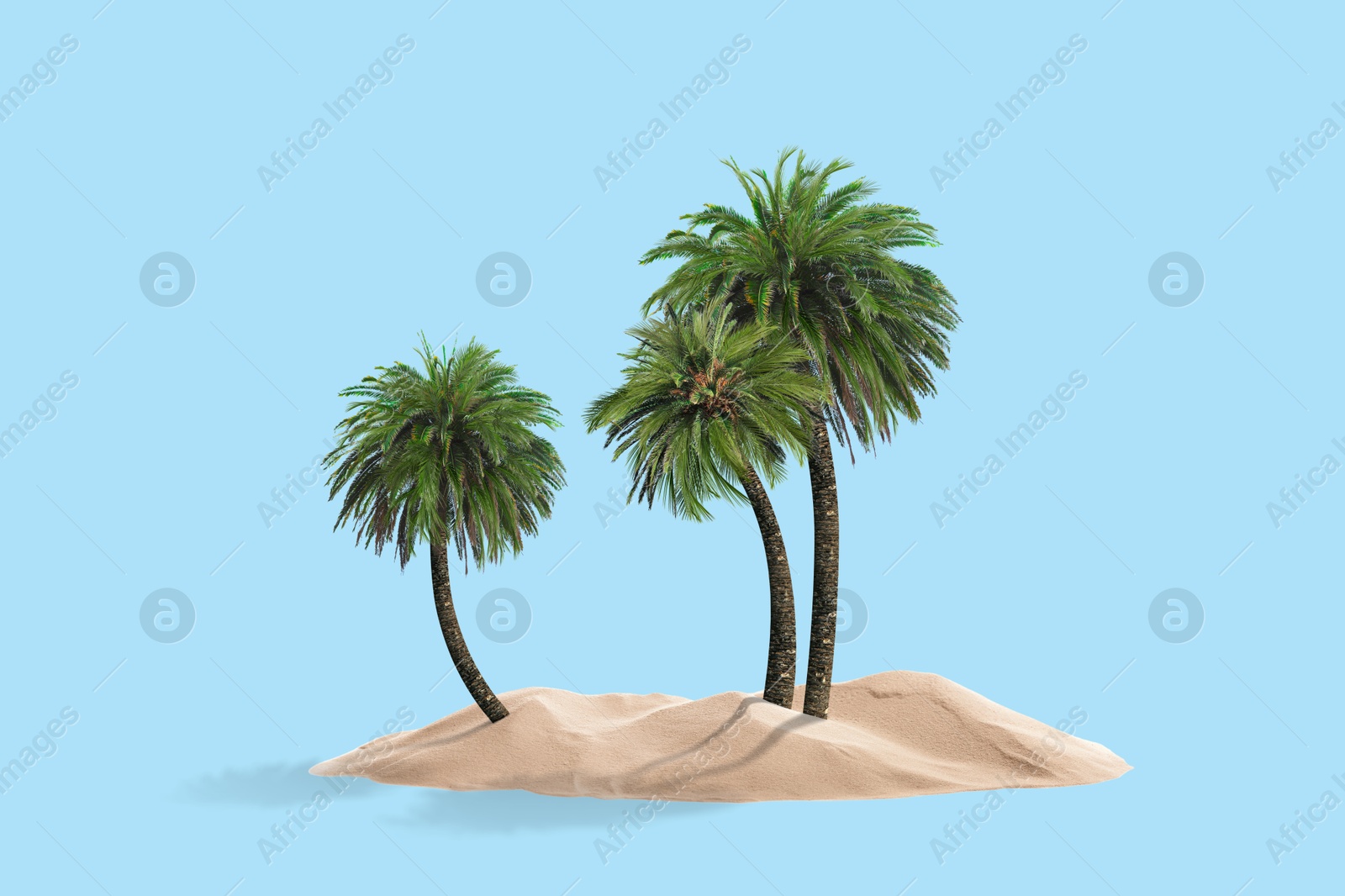 Image of Palm trees and sand like tropical island among light blue background symbolizing sky and sea