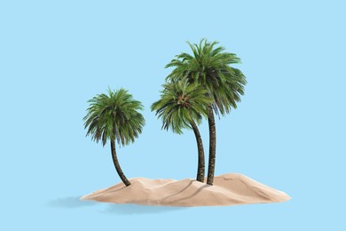 Image of Palm trees and sand like tropical island among light blue background symbolizing sky and sea