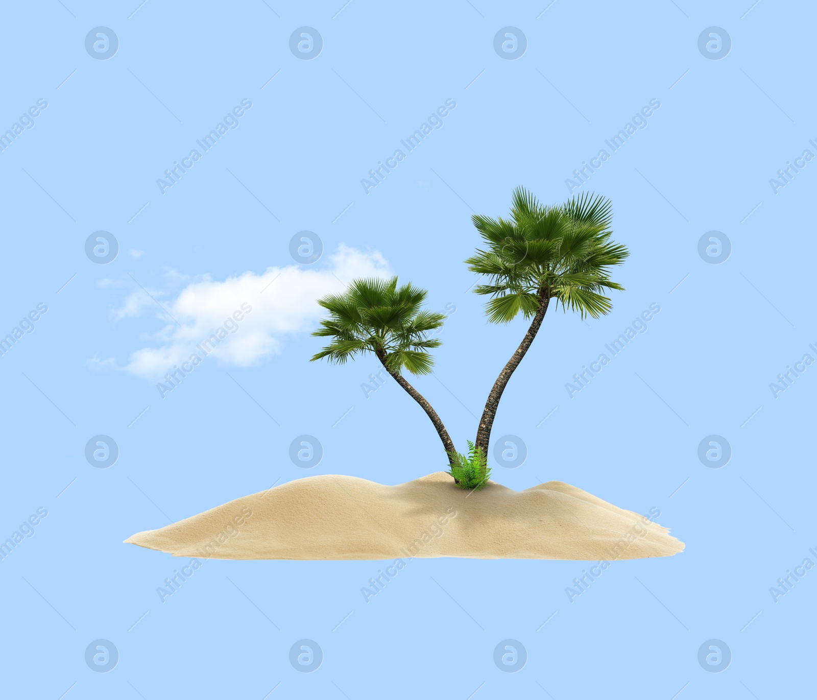 Image of Tropical island. Cloud floating over sand and palm trees. Light blue background as sky and sea