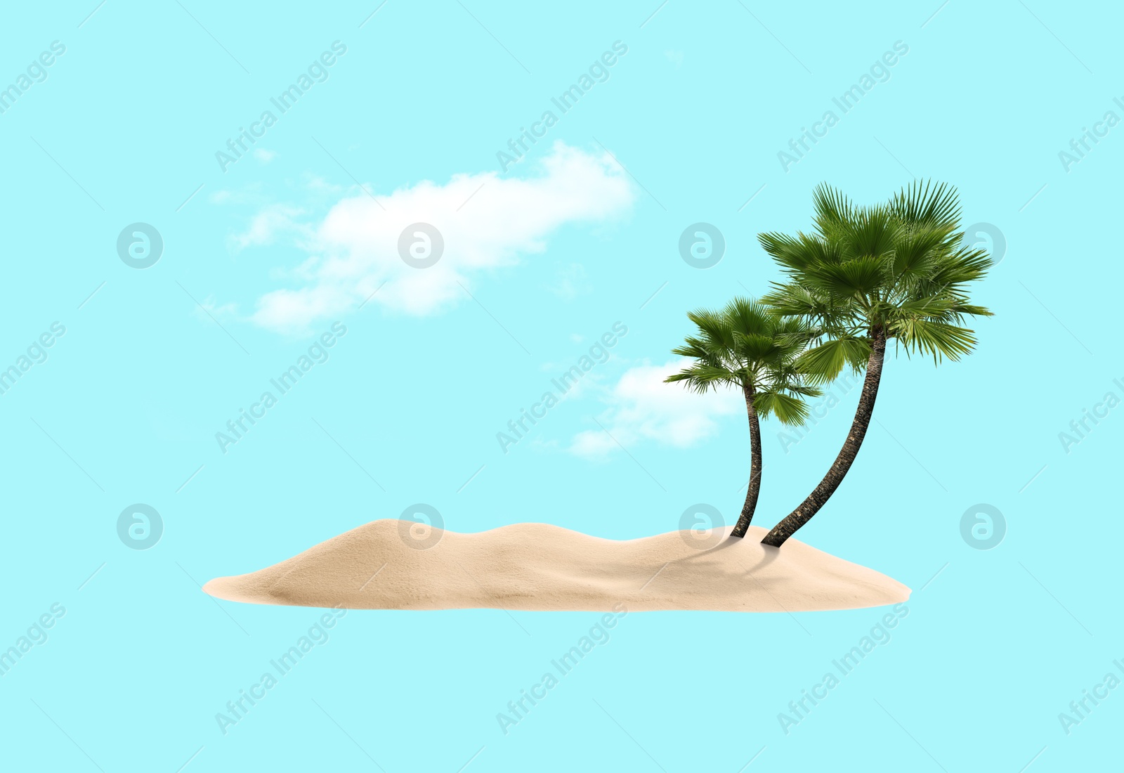 Image of Tropical island. Clouds floating over sand and palm trees. Light blue background as sky and sea