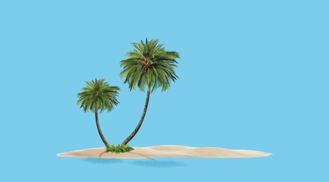 Image of Palm trees and sand like tropical island among light blue background symbolizing sky and sea. Banner design