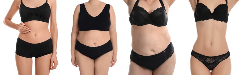 Image of Different women showing their bodies on white background, closeup. Collage of photos