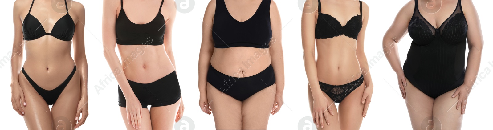 Image of Different women showing their bodies on white background, closeup. Collage of photos