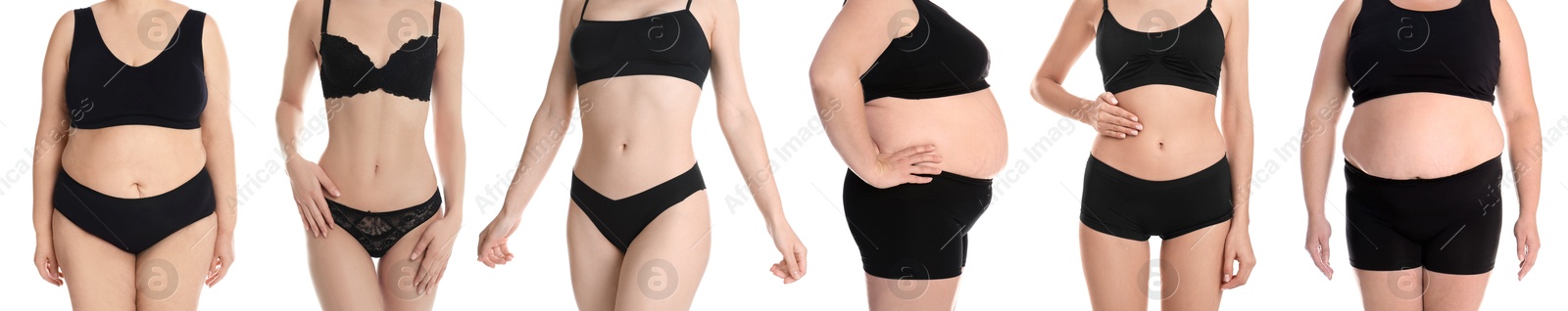 Image of Different women showing their bodies on white background, closeup. Collage of photos