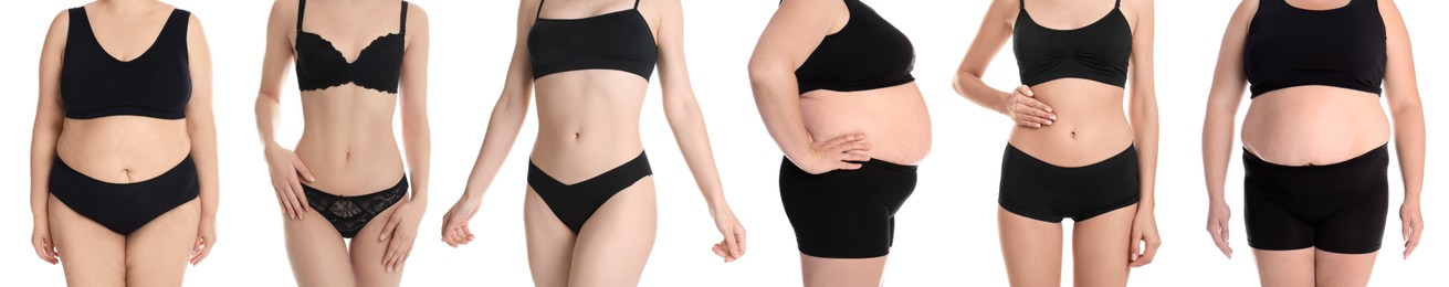 Image of Different women showing their bodies on white background, closeup. Collage of photos