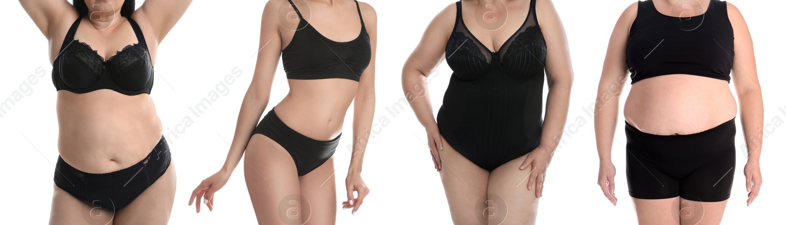 Image of Different women showing their bodies on white background, closeup. Collage of photos