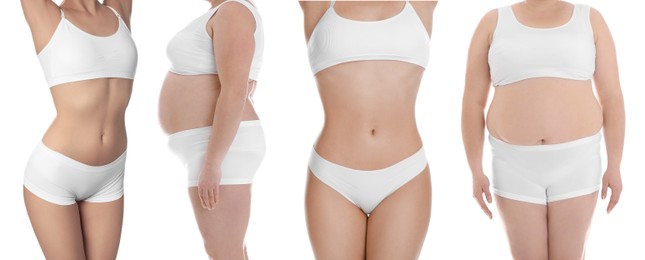 Image of Different women showing their bodies on white background, closeup. Collage of photos