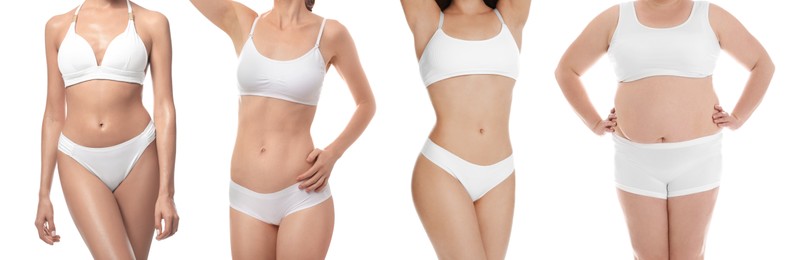 Different women showing their bodies on white background, closeup. Collage of photos