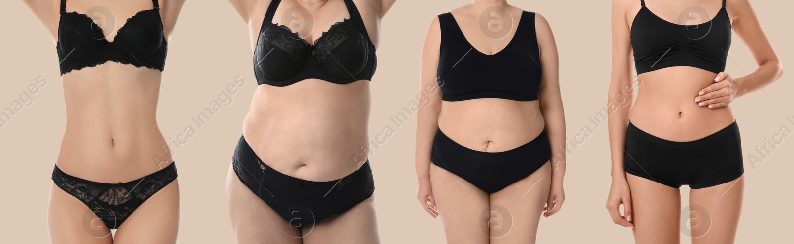 Image of Different women showing their bodies on dark beige background, closeup. Collage of photos