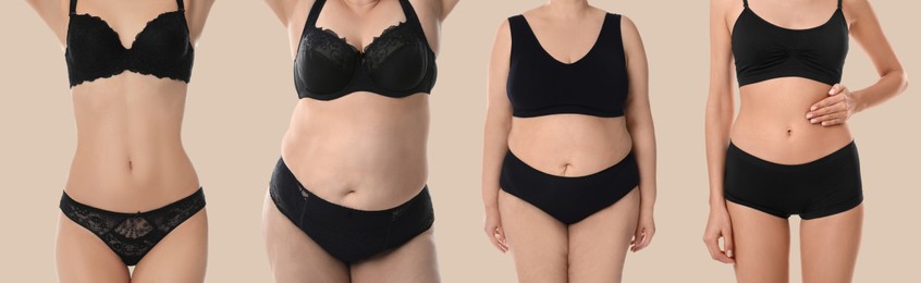 Image of Different women showing their bodies on dark beige background, closeup. Collage of photos