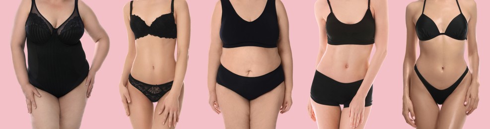 Different women showing their bodies on pink background, closeup. Collage of photos