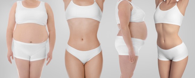 Image of Different women showing their bodies on light grey background, closeup. Collage of photos