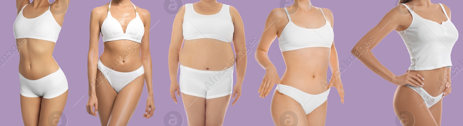 Image of Different women showing their bodies on violet background, closeup. Collage of photos