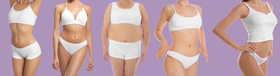 Image of Different women showing their bodies on violet background, closeup. Collage of photos