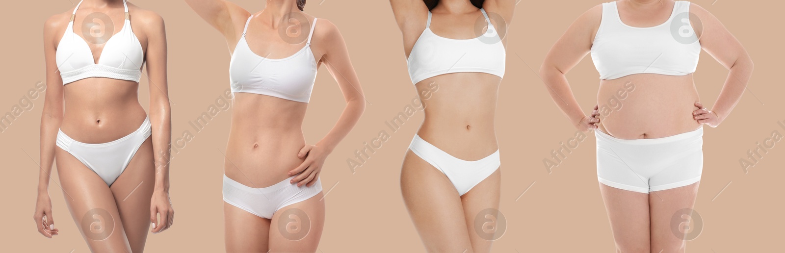 Image of Different women showing their bodies on dark beige background, closeup. Collage of photos