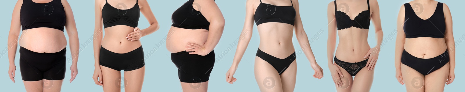 Image of Different women showing their bodies on light blue background, closeup. Collage of photos