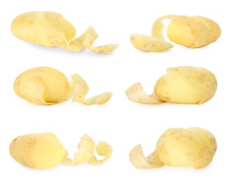 Image of Many whole potatoes with peels isolated on white, set