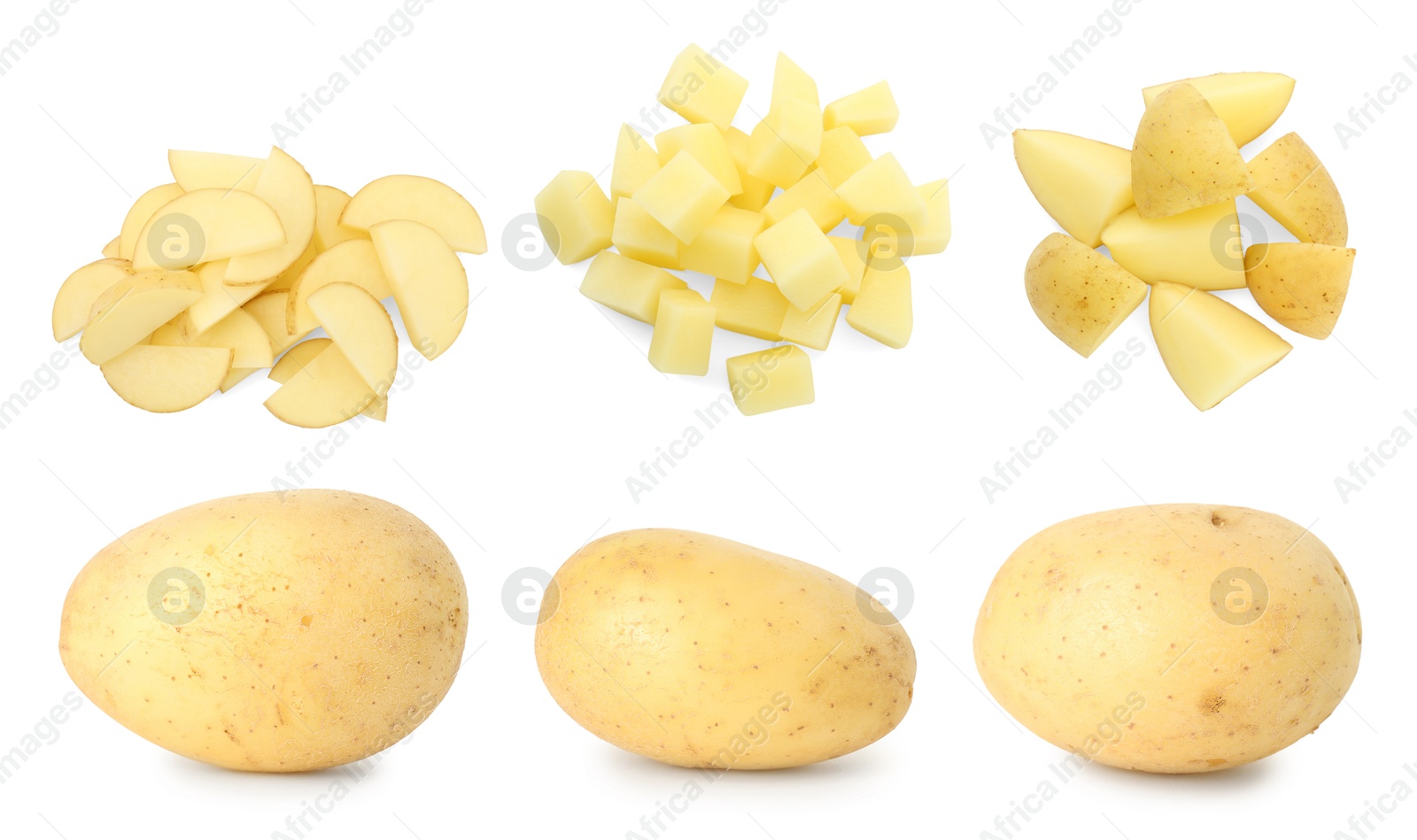 Image of Fresh potatoes isolated on white, set. Sliced in different ways and whole