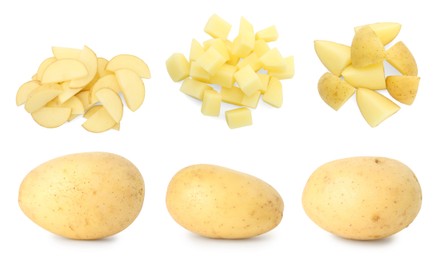 Image of Fresh potatoes isolated on white, set. Sliced in different ways and whole