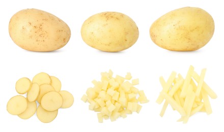 Fresh potatoes isolated on white, set. Sliced in different ways and whole