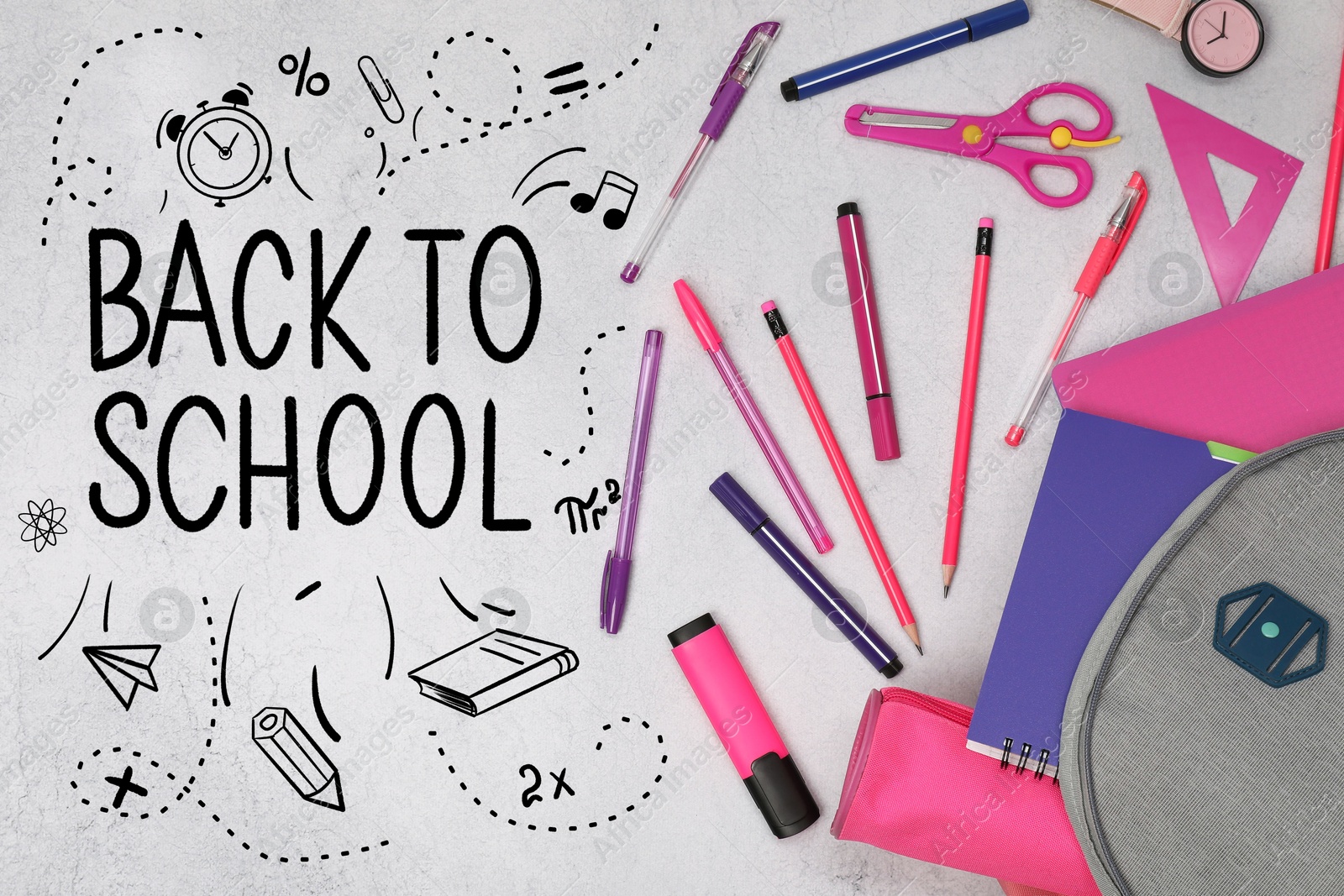 Image of Backpack with stationery on white background, flat lay. Back to school