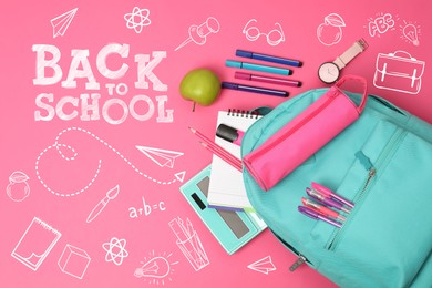 Image of Backpack with stationery on pink background, flat lay. Back to school