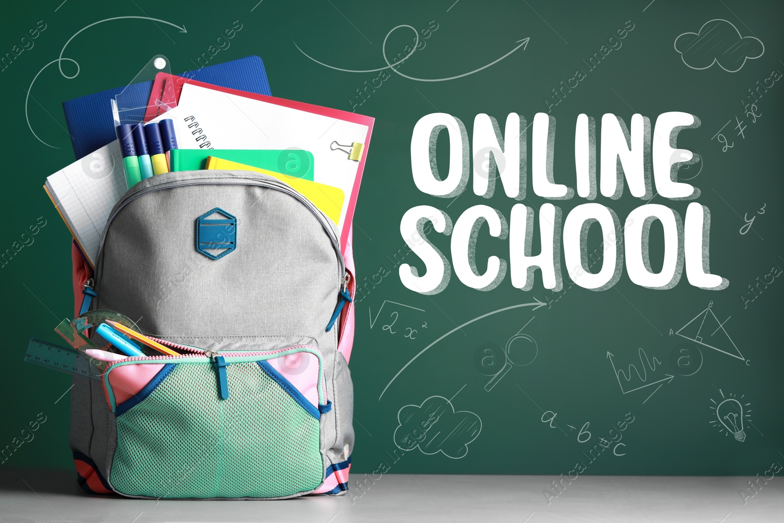 Image of Backpack with stationery on desk near green chalkboard with text Online School