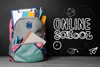 Image of Backpack with stationery on desk near chalkboard with text Online School