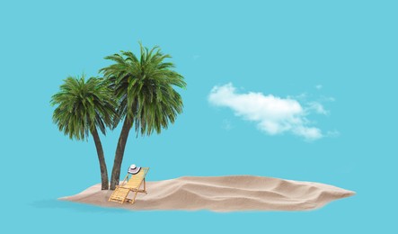 Image of Summer travel to tropical island, banner design. Sand with palm trees and deckchair. Light blue background as sky and sea