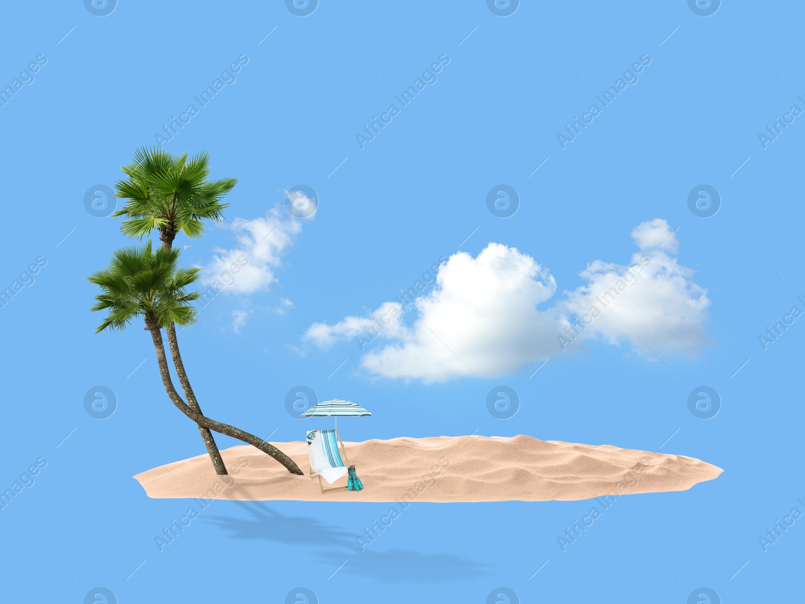 Image of Summer travel to tropical island. Sand with palm trees, beach umbrella and deckchair. Light blue background as sky and sea