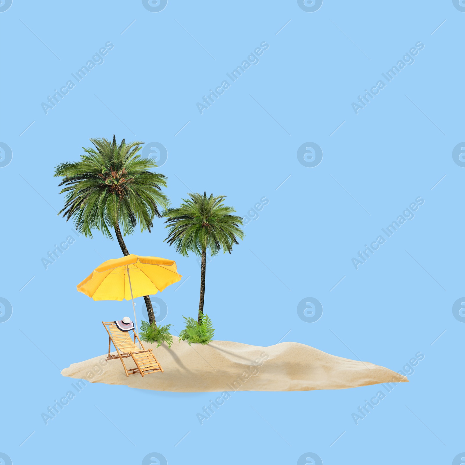 Image of Summer travel to tropical island. Sand with palm trees, beach umbrella and deckchair. Light blue background as sky and sea