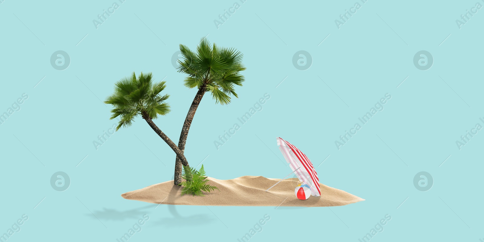 Image of Summer travel to tropical island, banner design. Sand with palm trees,beach umbrella and ball. Turquoise background as sky and sea