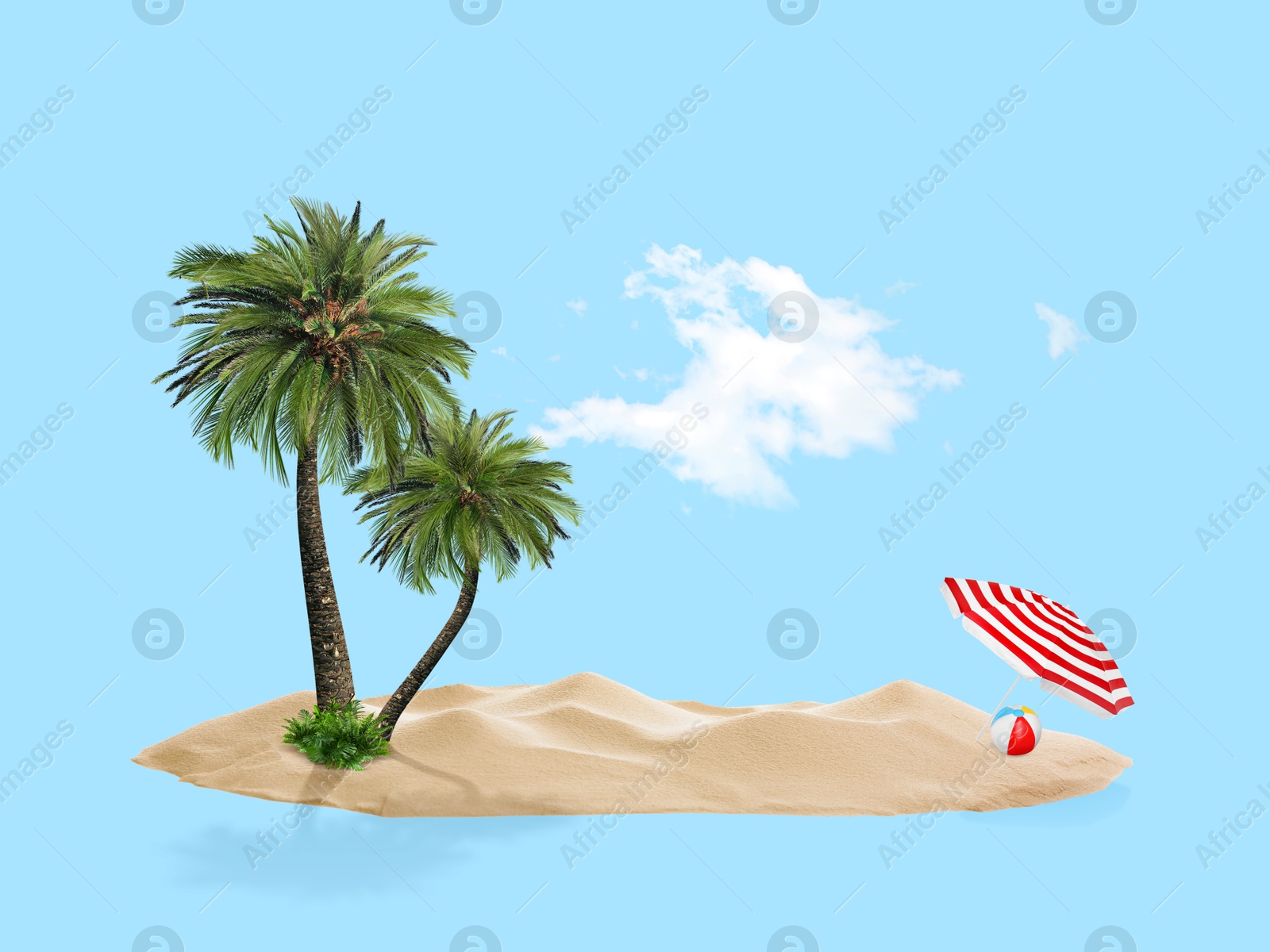 Image of Summer travel to tropical island. Sand with palm trees, beach umbrella and ball. Light blue background as sky and sea